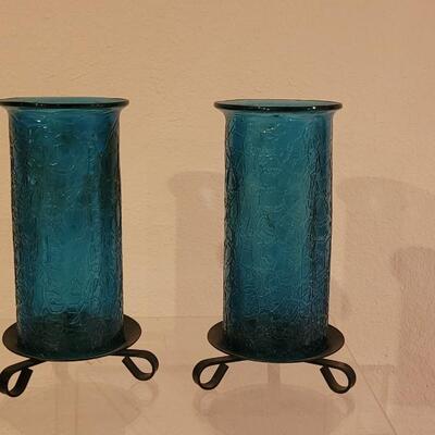 Lot 79: Mid Century Blue Candle Chimneys and Holders