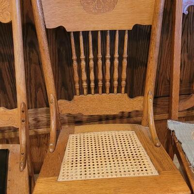 Lot 104: (3) Medium/Light Oak Chairs (one needs repair)