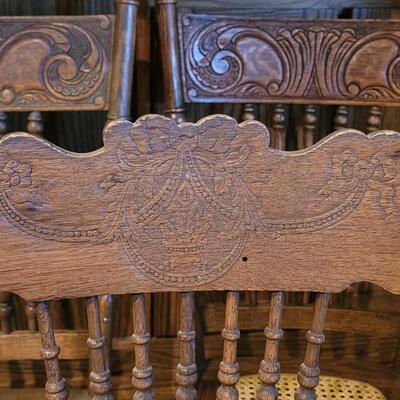 Lot 109: (5) Antique Oak Chairs (4 Cane Seat and one need Repair and comes with Seat Material