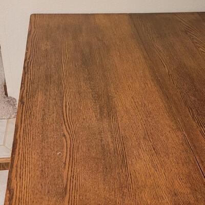 Lot 110: Antique 5 Leg Oak Table with 3 Leaves and Storage Box