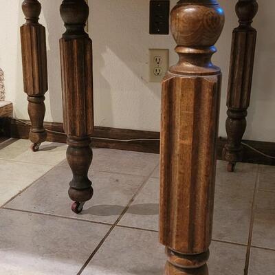 Lot 110: Antique 5 Leg Oak Table with 3 Leaves and Storage Box