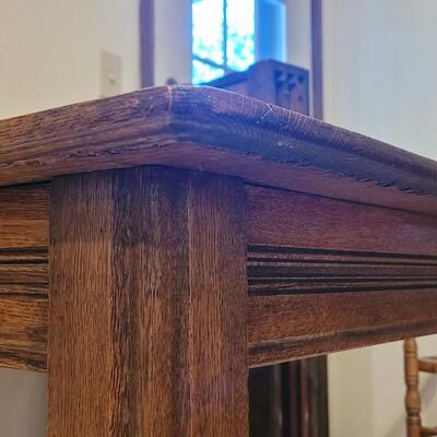 Lot 110: Antique 5 Leg Oak Table with 3 Leaves and Storage Box