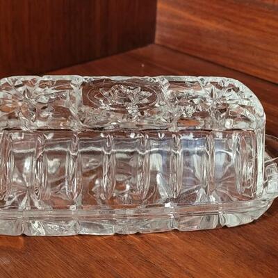 Lot 112: Butter Dish, Round & Rectangle Crystal Platters & Crystal Nut Bowl