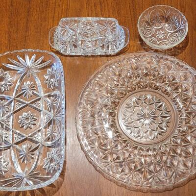 Lot 112: Butter Dish, Round & Rectangle Crystal Platters & Crystal Nut Bowl