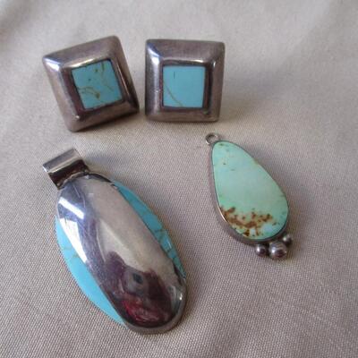 Earrings With Turquoise Stones Marked Mexico 925 & Two Turquoise Pendants