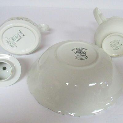 J & G Meakin English Ironstone Forget Me Not Covered Sugar, Royal Staffordshire Blossom Time Bowl and Creamer