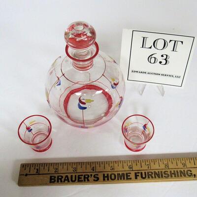 Vintage Czechoslovakia Decanter and Two Small Shot Glasses, Hand Enameled, Marked