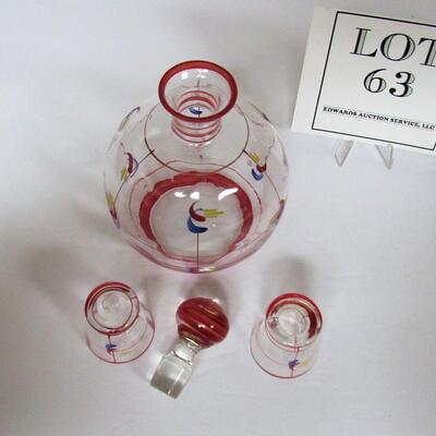 Vintage Czechoslovakia Decanter and Two Small Shot Glasses, Hand Enameled, Marked