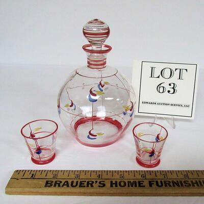 Vintage Czechoslovakia Decanter and Two Small Shot Glasses, Hand Enameled, Marked
