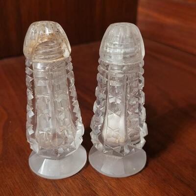 Lot 129: Antique Cut Glass Salt & Pepper Shakers, Serving Platter & Bowl