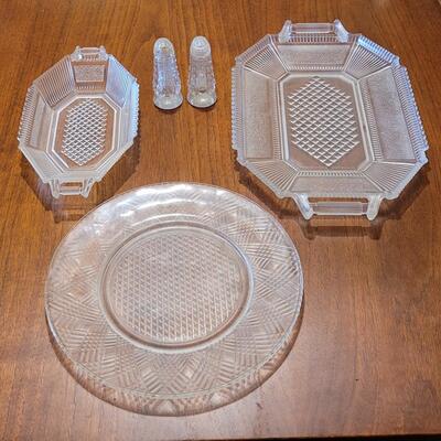 Lot 129: Antique Cut Glass Salt & Pepper Shakers, Serving Platter & Bowl