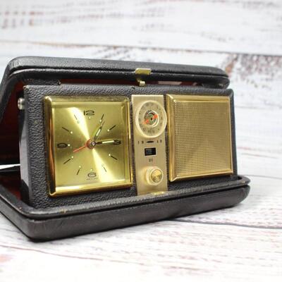 Vintage Retro Atomic Travel Alarm Clock AM FM Radio Leather Case Japan