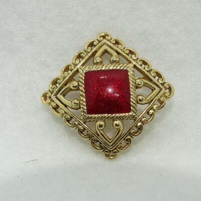 Gold Tone & Red Enamel Brooch