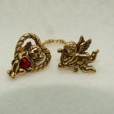 Gold Tone Angel Sweater Tie Tack, Red Rhinestone