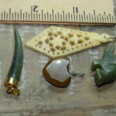4 Misc. Carved Pieces, Horn, Heart, Elephant & Pendant