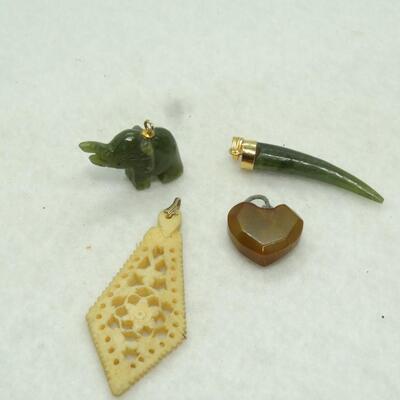 4 Misc. Carved Pieces, Horn, Heart, Elephant & Pendant