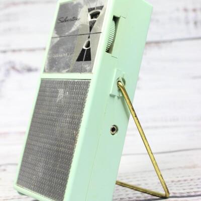 Vintage Retro Blue Green Silvertone Transistor Pocket Radio