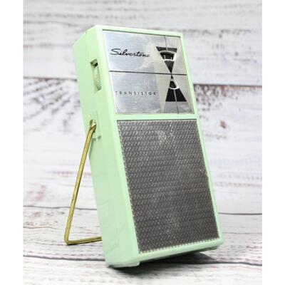 Vintage Retro Blue Green Silvertone Transistor Pocket Radio