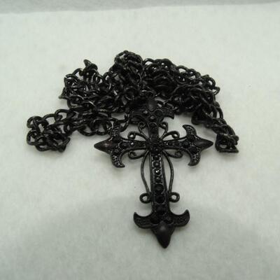 Black Rhinestone Cross, Crucifix Goth Style Statement Necklace