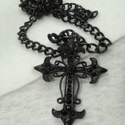 Black Rhinestone Cross, Crucifix Goth Style Statement Necklace