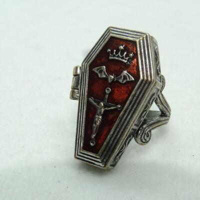 Beautiful ALCHEMY England Stamped Gothic Red Coffin Casket Skeleton Ring, Pill Box Ring - Vampire Halloween Ring