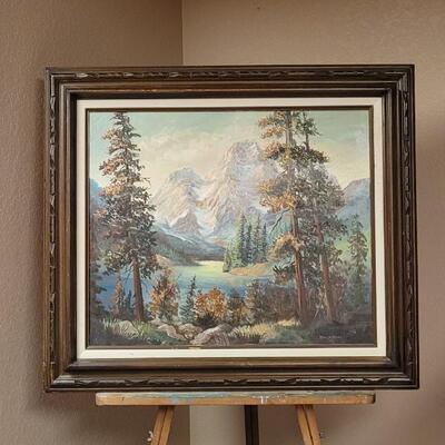 Lot 165: Vintage 1908's 27.5" x 31" Original Oil Painting Mountain Water Scene SIGNED