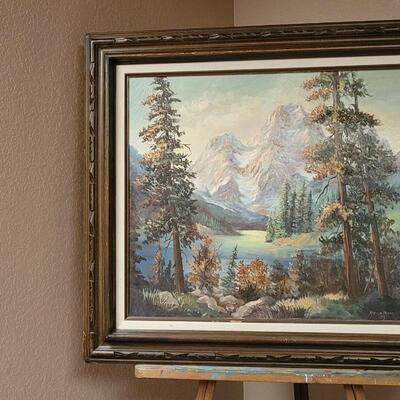 Lot 165: Vintage 1908's 27.5" x 31" Original Oil Painting Mountain Water Scene SIGNED