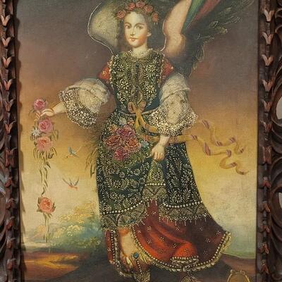 Lot 166: Vintage 21.5" x 17" Oil Painting Glicee Print w/ Hand Accented Beading Framed Art