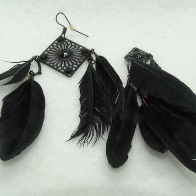 Filigree Black Raven Feathers,  Dangle Feather Earrings (one of the feathers needs reattached)