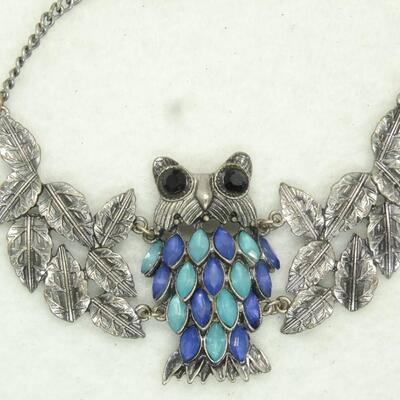 Spooky Hoot Owl Silver Tone Statement Necklace - Blue & Green Feathers