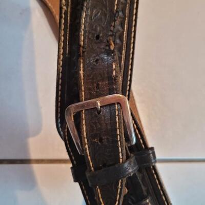 Lot 167: Vintage Custom Hand Tooled Mexico Black Leather Cartridge Belt + Holster