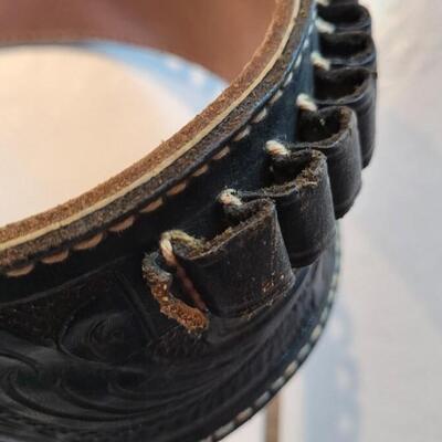Lot 167: Vintage Custom Hand Tooled Mexico Black Leather Cartridge Belt + Holster