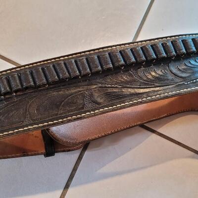 Lot 167: Vintage Custom Hand Tooled Mexico Black Leather Cartridge Belt + Holster