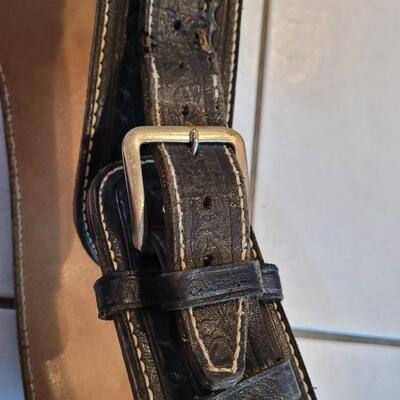 Lot 167: Vintage Custom Hand Tooled Mexico Black Leather Cartridge Belt + Holster