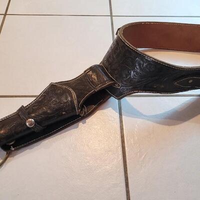 Lot 167: Vintage Custom Hand Tooled Mexico Black Leather Cartridge Belt + Holster