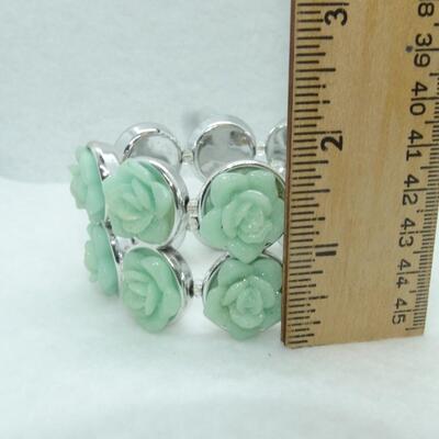 Soft Green Rose Stretch Bracelet - Silver Tone