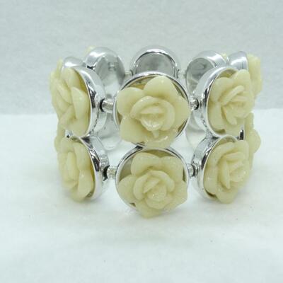 Soft Cream  Rose Stretch Bracelet - Silver Tone