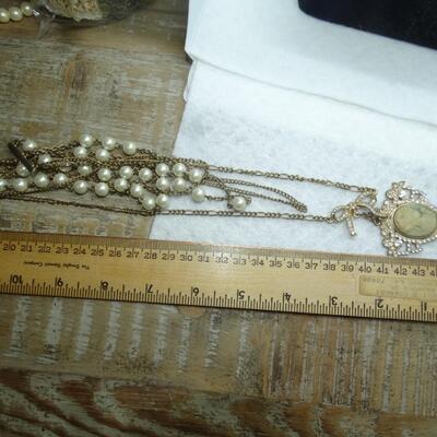 Gold Tone Pearls, Rhinestone Layered Cameo Pendant Necklace