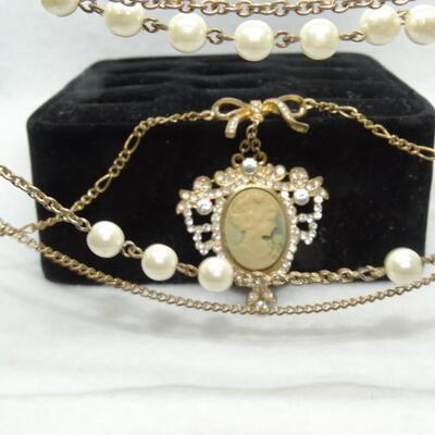 Gold Tone Pearls, Rhinestone Layered Cameo Pendant Necklace