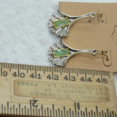 Silver Tone Green Leaf Dangle Earrings