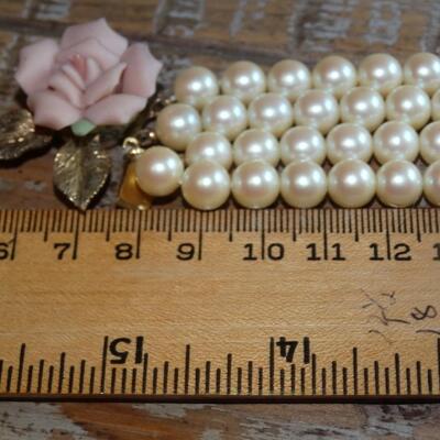 Porcelain Rose Clasp Pearl Necklace Double Strand