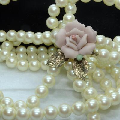 Porcelain Rose Clasp Pearl Necklace Double Strand