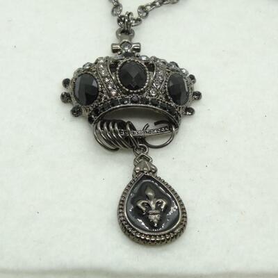 Royal Crown & Crest Silver Tone & Black Pendant Necklace