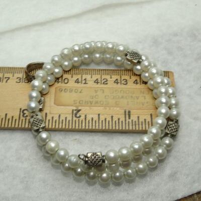 Pearl Silver Tone Wire Wrap Bracelet