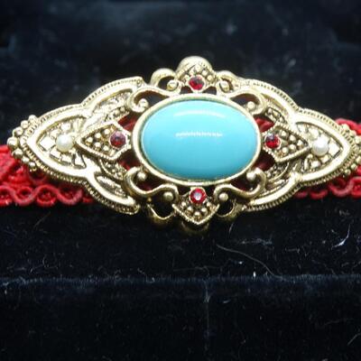 Braided Chocker Necklace, Victorian Style Brooch, Turquoise  Red Accents