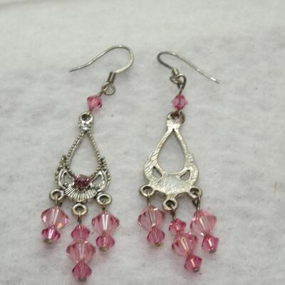 Silver Tone Pink Chandelier Drop Dangle Earrings, Victorian Style