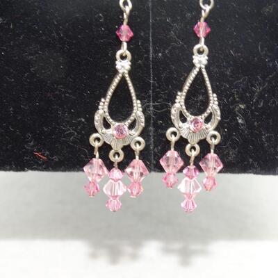 Silver Tone Pink Chandelier Drop Dangle Earrings, Victorian Style