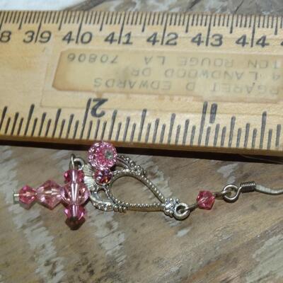 Silver Tone Pink Chandelier Drop Dangle Earrings, Victorian Style