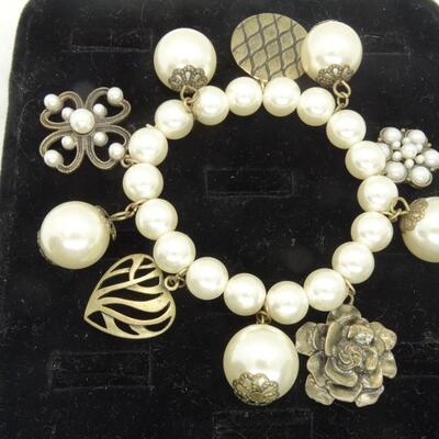 Fun Faux Pearl Stretch Bracelet, Heart, Flowers, Roses