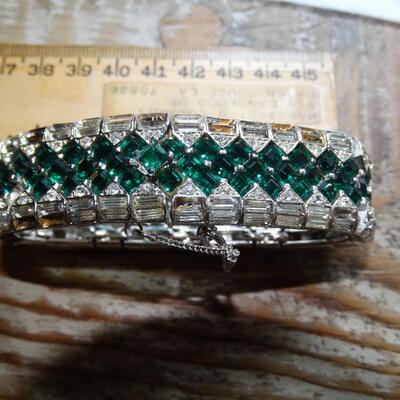 VINTAGE  Marcel Boucher Emerald Green Rhinestone Silver Tone Bracelet, w/locking chain, Signed & numbered 7755B